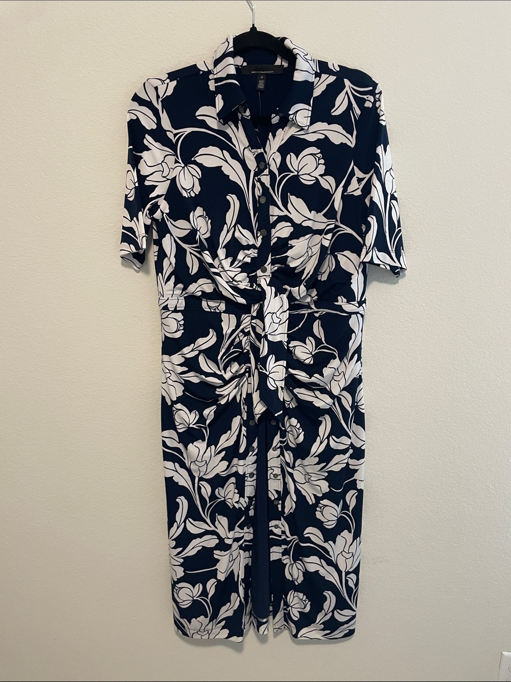 White House Black Market Navy and White Floral Knot-Front Midi Dress